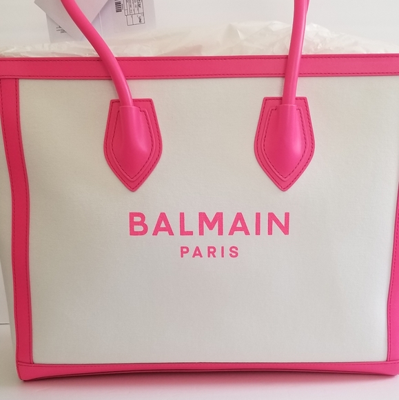 Balmain B-Army Leather Trimmed Canvas Tote Neo Pink White - Picture 7 of 11